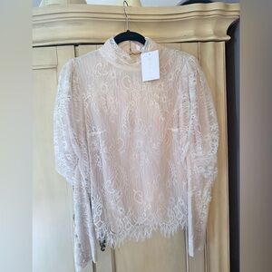 Wayf Cream Lace High-Neck Puff Sleeve Blouse